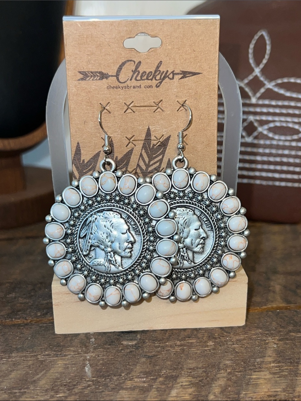 Silver-Tone White Stone Coin Dangle Earrings